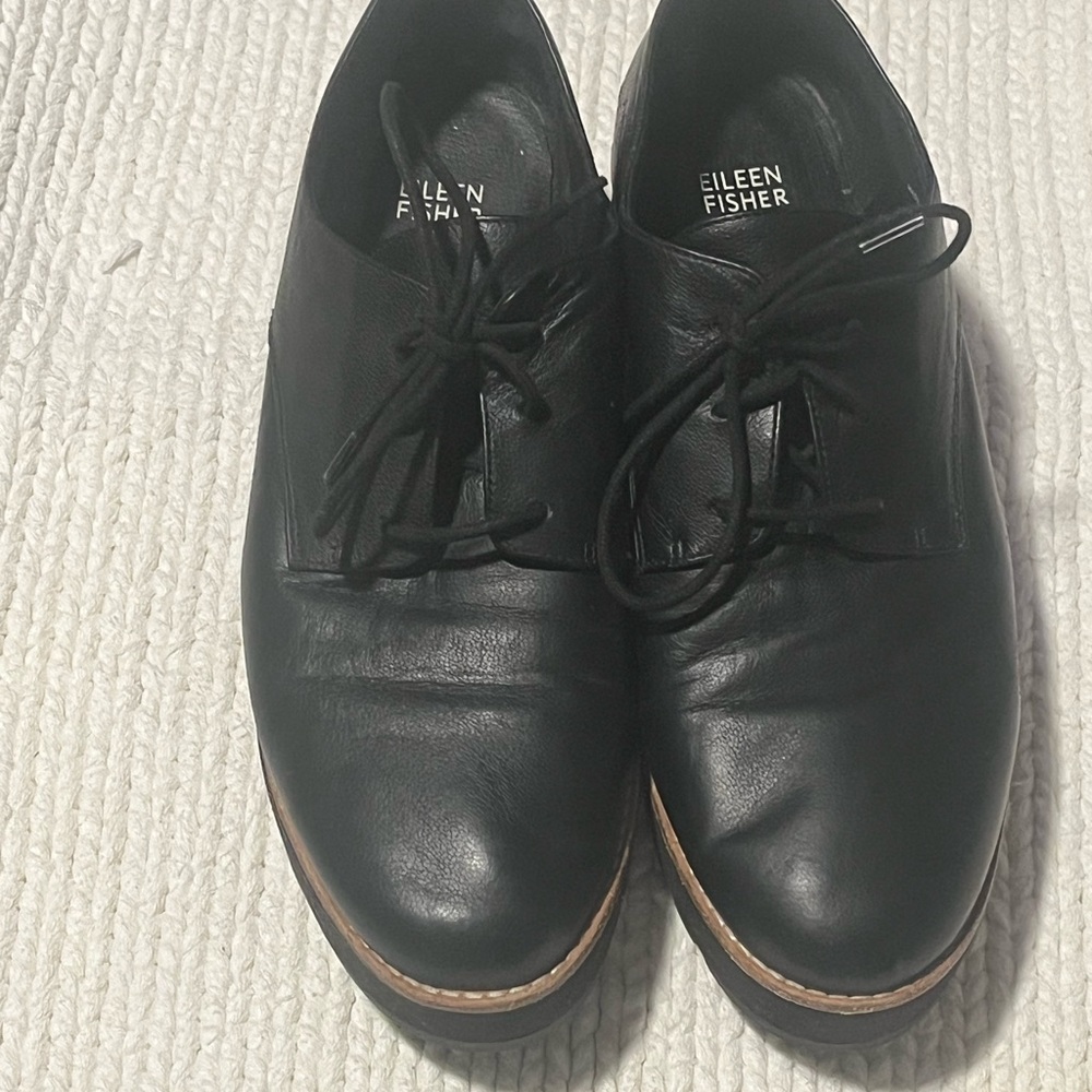Eileen Fisher Black Leather Oxford Platform Shoes Size 9.5 Lace Up - Picture 2 of 6